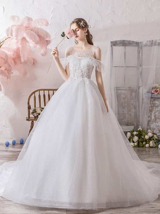 Wedding Dress Princess Silhouette Jewel Neck Short Sleeves Natural Waist Cathedral Train Bridal Dresses