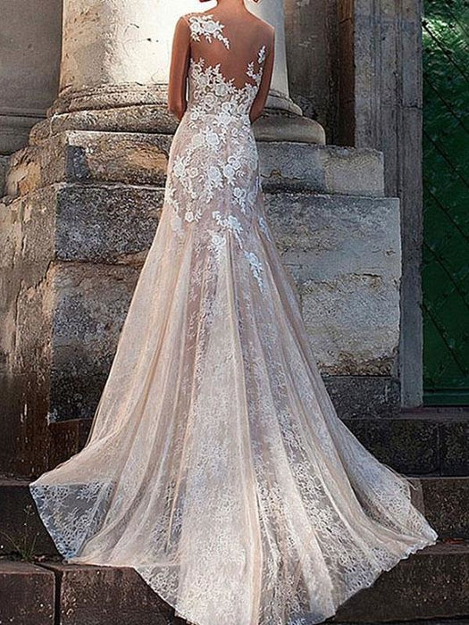 Wedding Dress Sheath V Neck Sleeveless Floor Length Lace Tulle Backless Bridal Gown With Train