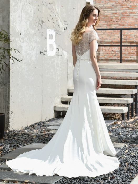 Wedding Dress Short Sleeves Illusion Neck Beaded Mermaid Bridal Gowns