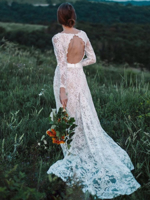 Wedding Dress With Train A-Line Long Sleeves V-Neck Ivory Lace Bridal Gowns