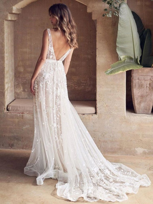Wedding Dress With Train A Line Sleeveless Lace V Neck Bridal Gowns