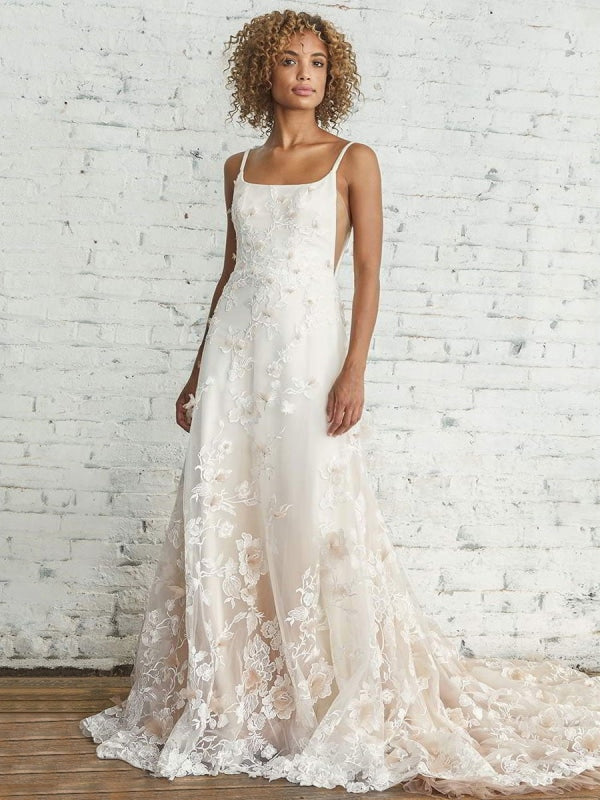 Wedding Dress With Train A Line Sleeveless Square Neck Lace Bridal Gow —  Bridelily