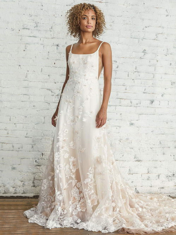 Sleeveless Square Neck Lace A Line Wedding Dress-Bridelily