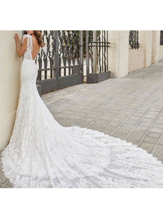 Wedding Dress With Train Mermaid Dress Sleeveless Lace V Neck Long Bridal Gowns