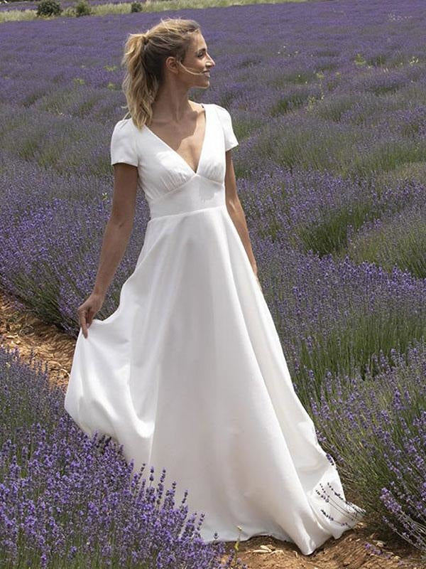 Wedding Dress With Train V Neck Short Sleeves Buttons Floor Length Bridal Dresses