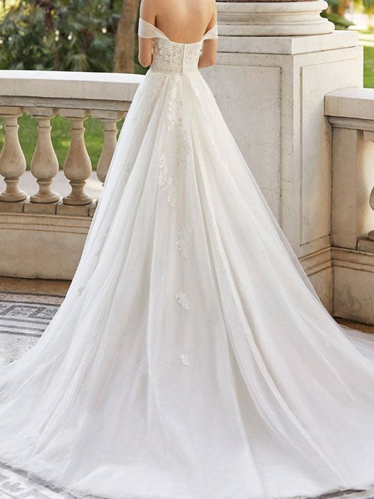 Wedding Dress With Train V Neck Sleeveless Off Shoulder Lace Tulle Bridal Dresses