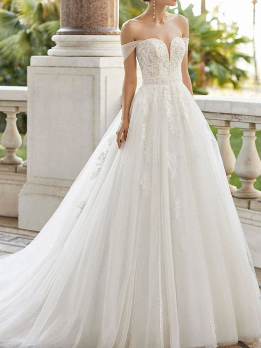 Wedding Dress With Train V Neck Sleeveless Off Shoulder Lace Tulle Bridal Dresses