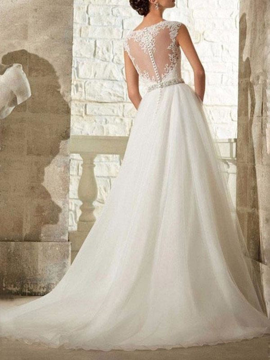 wedding dresses 2021 a line beaded jewel neck sleeveless floor length tulle traditional bridal dress with train
