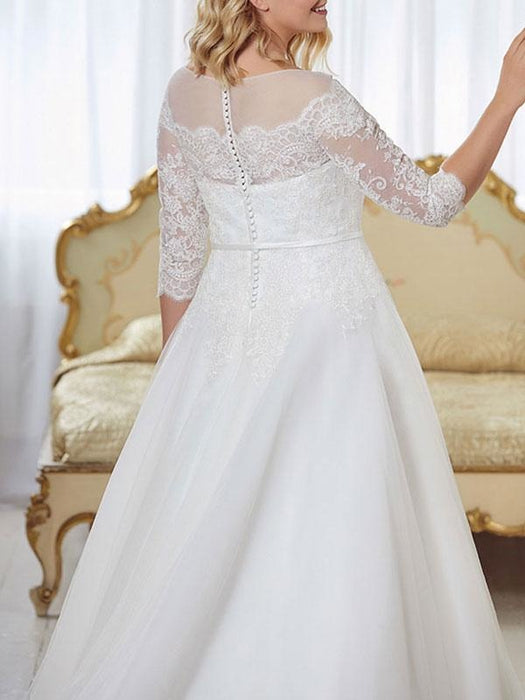 Wedding Dresses 2021 A Line Jewel Neck Half Sleeve Floor Length Tulle Lace Vintage Bridal Gowns