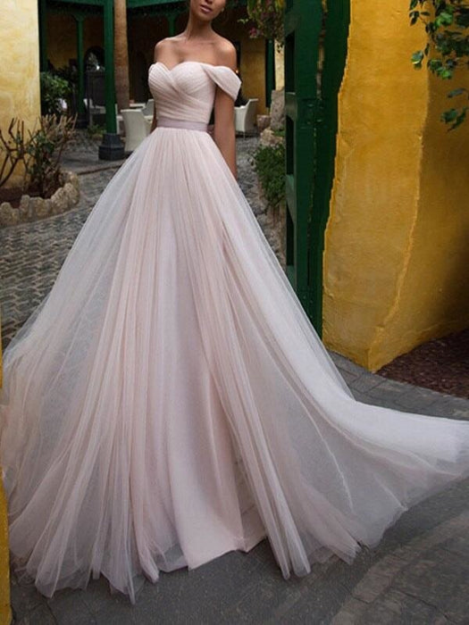 Wedding Dresses 2021 A Line Off The Shoulder Short Sleeves Sash Sweeth —  Bridelily