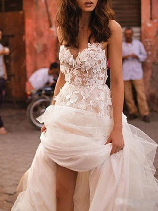 Wedding Dresses 2021 A Line Sleeveless Floor Length Beaded Sweetheart Neck Bridal Gowns