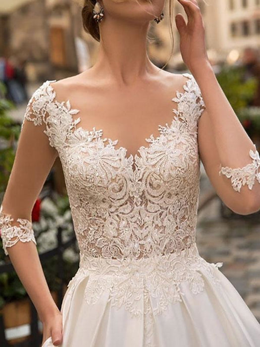wedding dresses 2021 a line v neck half sleeve floor length lace appliqued satin vintage bridal gown with train