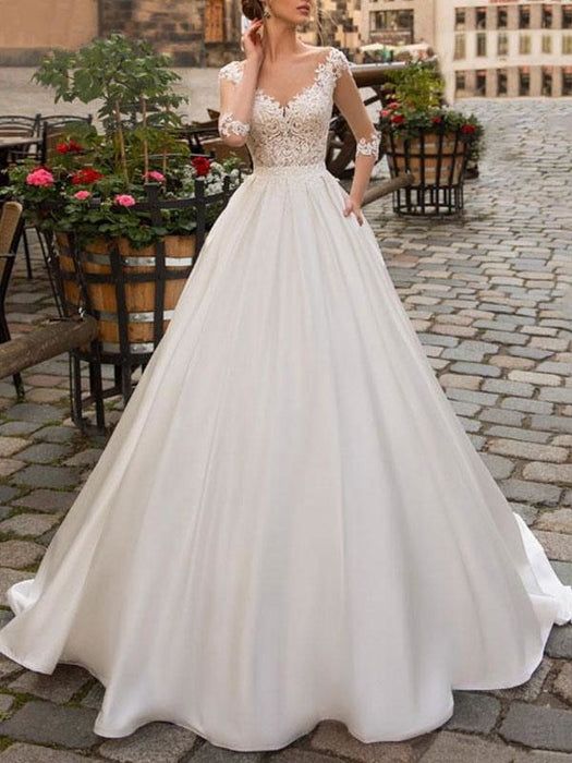 wedding dresses 2021 a line v neck half sleeve floor length lace appliqued  satin vintage bridal gown with train — Bridelily