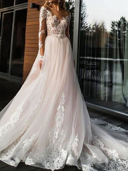 wedding dresses 2021 a line v neck long sleeve lace applique tulle bridal gowns with chapel train