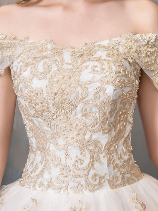Wedding Dresses 2021 Ball Gown Off Shoulder Golden Lace Appliqued Floor Length Bridal Dress