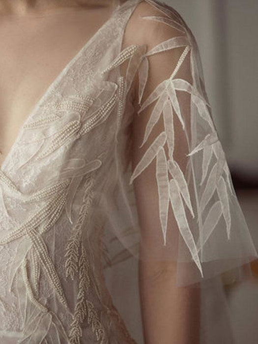 Wedding Dresses 2021 Sheath Sihouette Half Sleeve V Neck Floor Length Bamboo Leaf Lace Bridal Gown