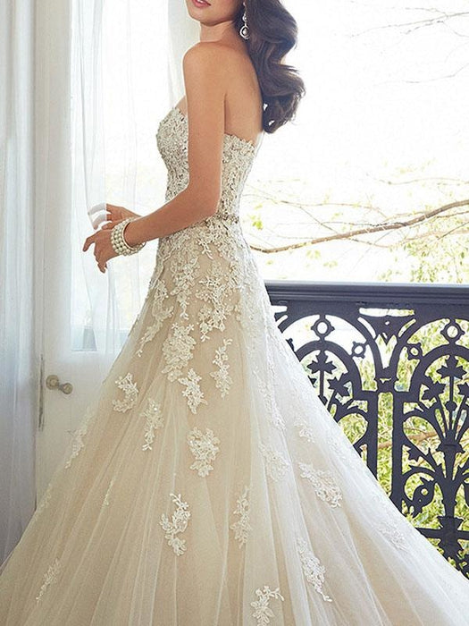 Wedding Dresses 2021 Tulle A Line Sweetheat Neck Sleeveless Floor Length Lace Appliqued Bridal Gowns With Train