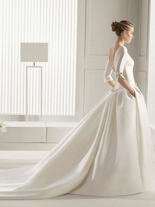 Wedding Dresses A-line Chapel Bateau Neck Train 3/4 Length Sleeves Bows Satin Fabric White Bridal Dresses