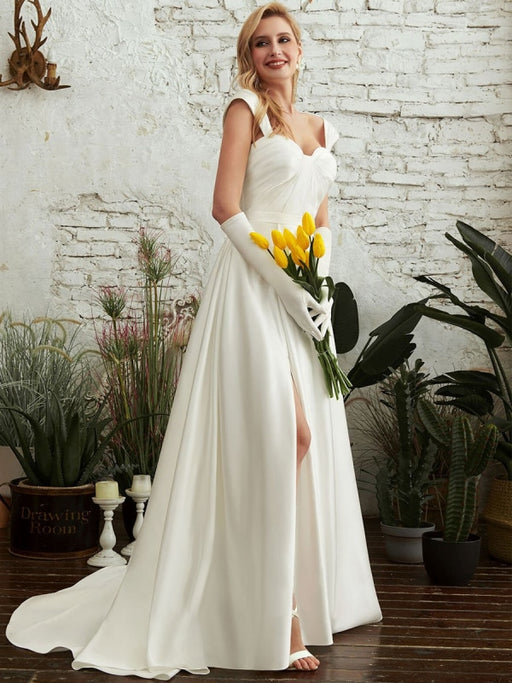 Wedding Dresses A-line Court Train Spaghetti Straps Sleeveless Pleated Sweetheart Neck Satin Fabric Ivory Bridal Gowns