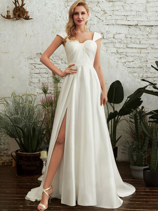 Wedding Dresses A-line Court Train Spaghetti Straps Sleeveless Pleated Sweetheart Neck Satin Fabric Ivory Bridal Gowns Bridelily Wedding Dresses A-line Court Train Spaghetti Straps Sleeveless Pleated Sweetheart Neck Satin Fabric Ivory Bridal Gowns Bridelily