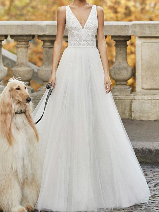 Wedding Dresses A Line Floor Length Sleeveless Applique V Neck Bridal Gowns