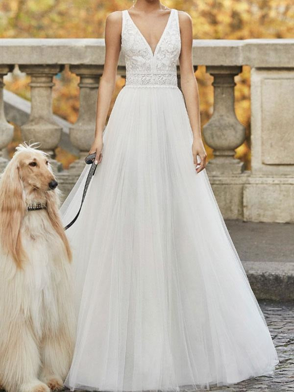 Wedding Dresses A Line Floor Length Sleeveless Applique V Neck Bridal Gowns