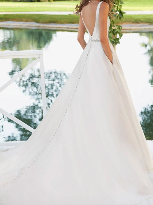 Wedding Dresses A Line Floor Length Sleeveless Beaded V Neck Backless Satin Fabric Bridal Gowns Train Dress