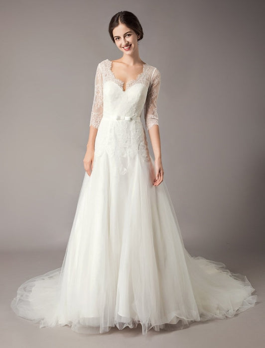 Wedding Dresses A Line Ivory V Neck Lace Tulle Half Sleeve Bridal Dress With Train