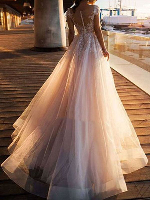 Wedding Dresses A Line Tulle V Neck Short Sleeves Lace Bridal Dresses With Train