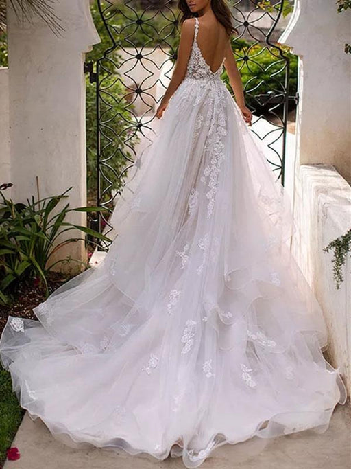 Wedding Dresses A Line V Neck Sleeveless Lace Appliqued Bridal Gowns With Train