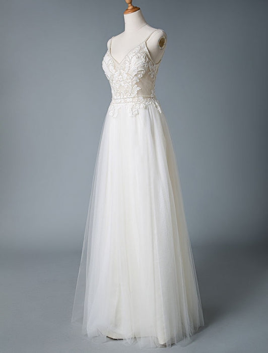 Wedding Dresses A Line V Neck Sleeveless Straps Beaded Floor Length Polka Dot Tulle Bridal Gowns