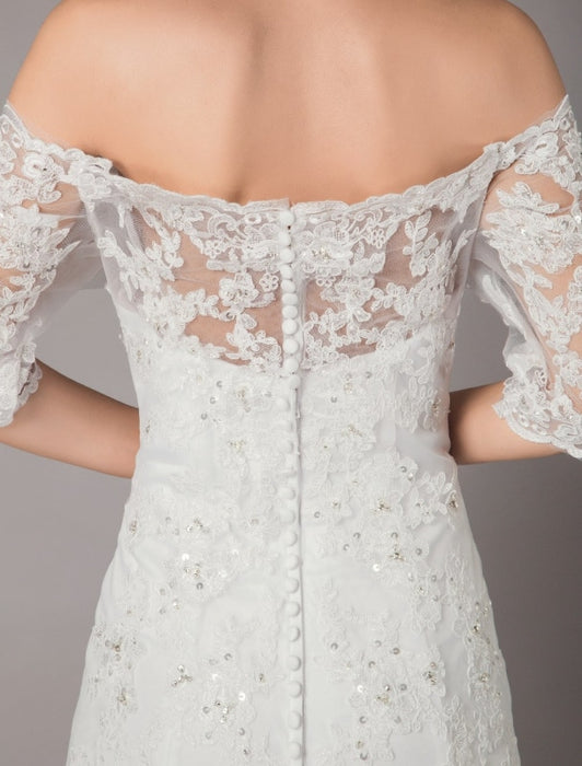 Wedding Dresses Ivory Lace Off Shoulder Half Sleeve Sequin Applique Bridal Dress With Train