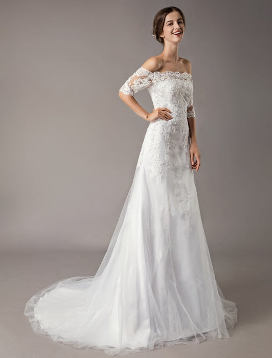 Wedding Dresses Ivory Lace Off Shoulder Half Sleeve Sequin Applique Bridal Dress With Train