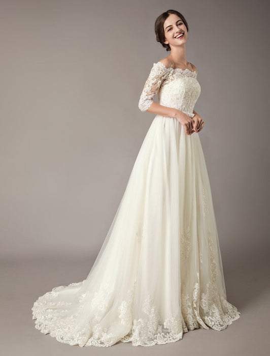 Wedding Dresses Ivory Off The Shoulder Half Sleeve Lace Beaded Bow Sash Tulle Bridal Gowns With Train