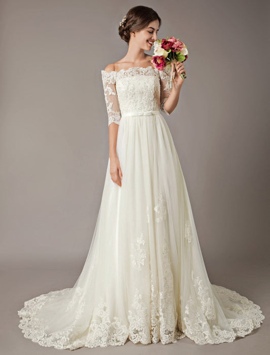 Wedding Dresses Ivory Off The Shoulder Half Sleeve Lace Beaded Bow Sas Bridelily Wedding Dresses Ivory Off The Shoulder Half Sleeve Lace Beaded Bow Sas Bridelily