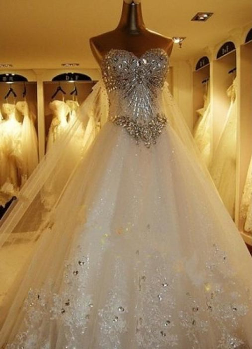 Wedding Dresses Lace Applique Bridal Gown Strapless Sweetheart Neckline Beaded Cathedral Train Wedding Gown