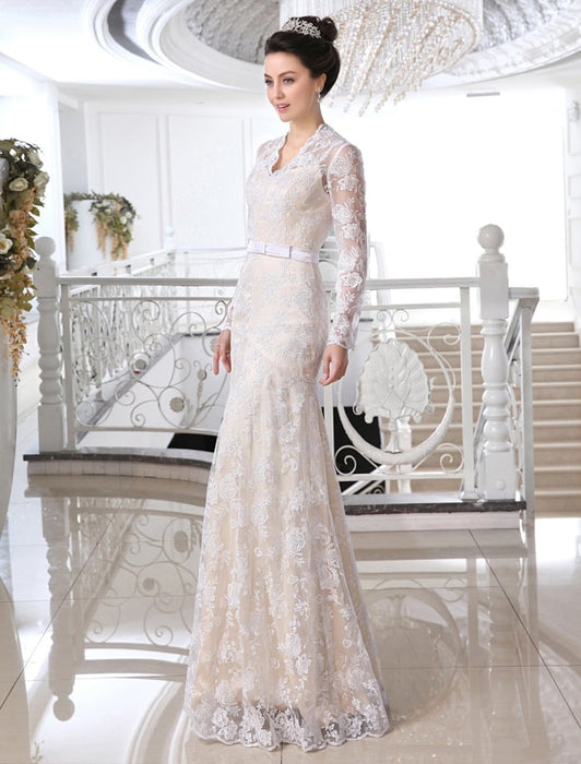 Wedding Dresses Lace Champagne Bridal Dress V Neck Long Sleeve Illusion Sheath Bow Sash Floor Length Wedding Gown