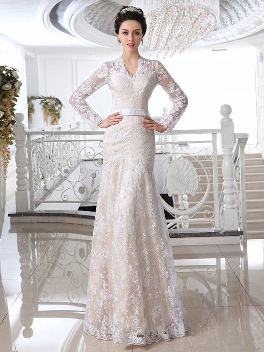 Lace Champagne Wedding Dress Long Sleeve On Sale-Bridelily Lace Champagne Wedding Dress Long Sleeve On Sale-Bridelily