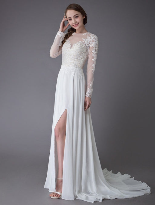 Wedding Dresses Long Sleeve Lace Chiffon Sexy High Split Illusion Summer Bridal Gowns