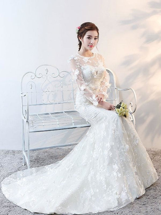 Wedding Dresses Long Sleeve Mermaid Flowers Applique Bows Ivory Bridal Dress With Train