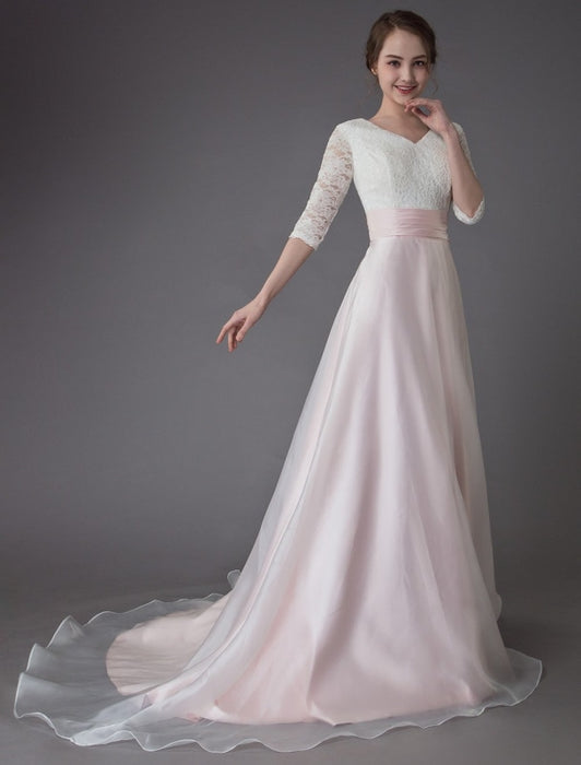 Wedding Dresses Pink V Neck Half Sleeve Pleated A Line Bridal Gown With Train