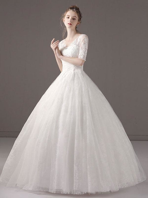 Wedding Dresses Princess Ball Gown Ivory Half Sleeve V Neck Lace Beaded Floor Length Bridal Dress
