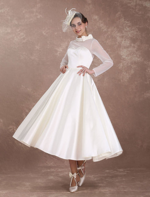 Wedding Dresses Short 1950's Vintage Bridal Dress Long Sleeve Sweetheart Neckline Satin Ivory Rockabilly Wedding Dress misshow — Bridelily