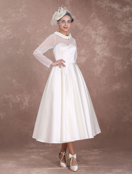 Wedding Dresses Short 1950's Vintage Bridal Dress Long Sleeve Sweetheart Neckline Satin Ivory Rockabilly Wedding Dress misshow Bridelily Wedding Dresses Short 1950's Vintage Bridal Dress Long Sleeve Sweetheart Neckline Satin Ivory Rockabilly Wedding Dress misshow Bridelily