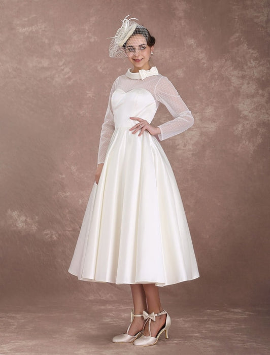 Wedding Dresses Short 1950's Vintage Bridal Dress Long Sleeve Sweetheart Neckline Satin Ivory Rockabilly Wedding Dress misshow