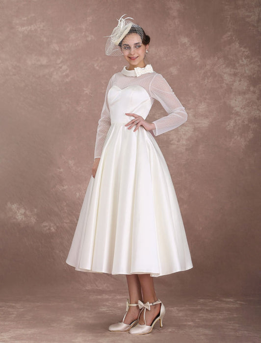 1950s vintage wedding dresses Wedding Dresses Short 1950's Vintage Bridal Dress Long Sleeve Sweetheart Neckline Satin Ivory Rockabilly Wedding Dress misshow — Bridelily