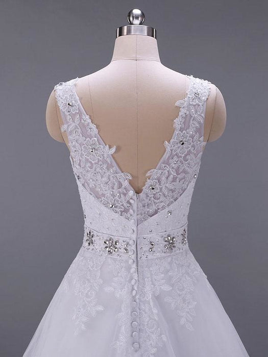 Wedding Dresses V Neck Sleeveless A Line Lace Embellishment Beaded Sash Bridal Dresses With Train