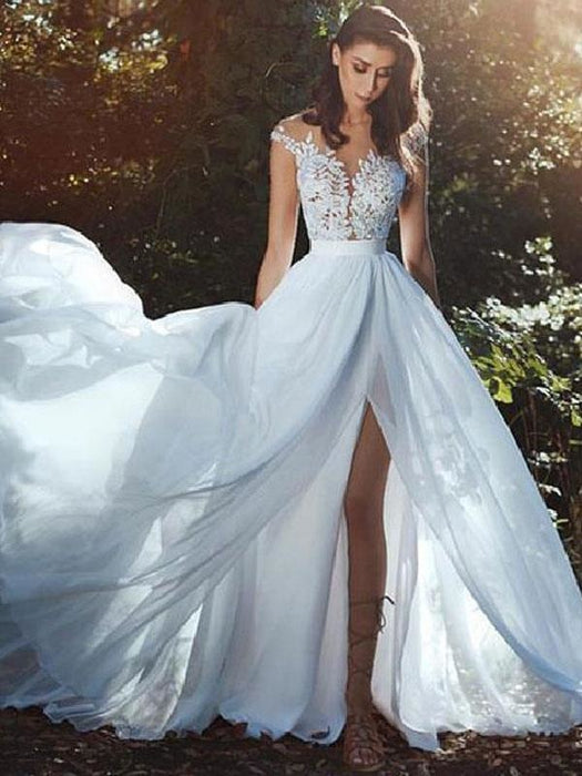 Wedding Dresses With Court Train A-line Sleeveless Applique Illusion Neckline Bridal Gowns