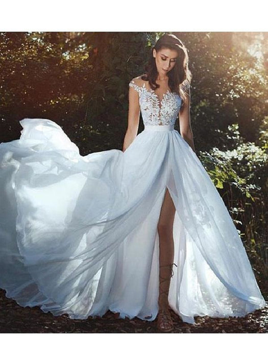Wedding Dresses With Court Train A-line Sleeveless Applique Illusion Neckline Bridal Gowns
