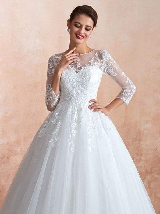 Wedding Gown 2021 3/4 Sleeve Jewel Neck Lace Appliqued Beaded Ball Gown Bridal Wedding Dress With Train